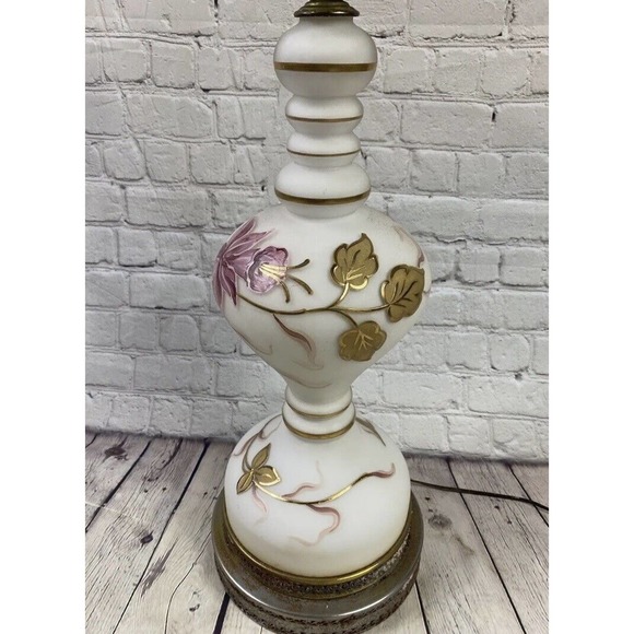 Vintage Hand Painted Brass Lamp milk glass 18” tall, 7” Dia. - Picture 2 of 11